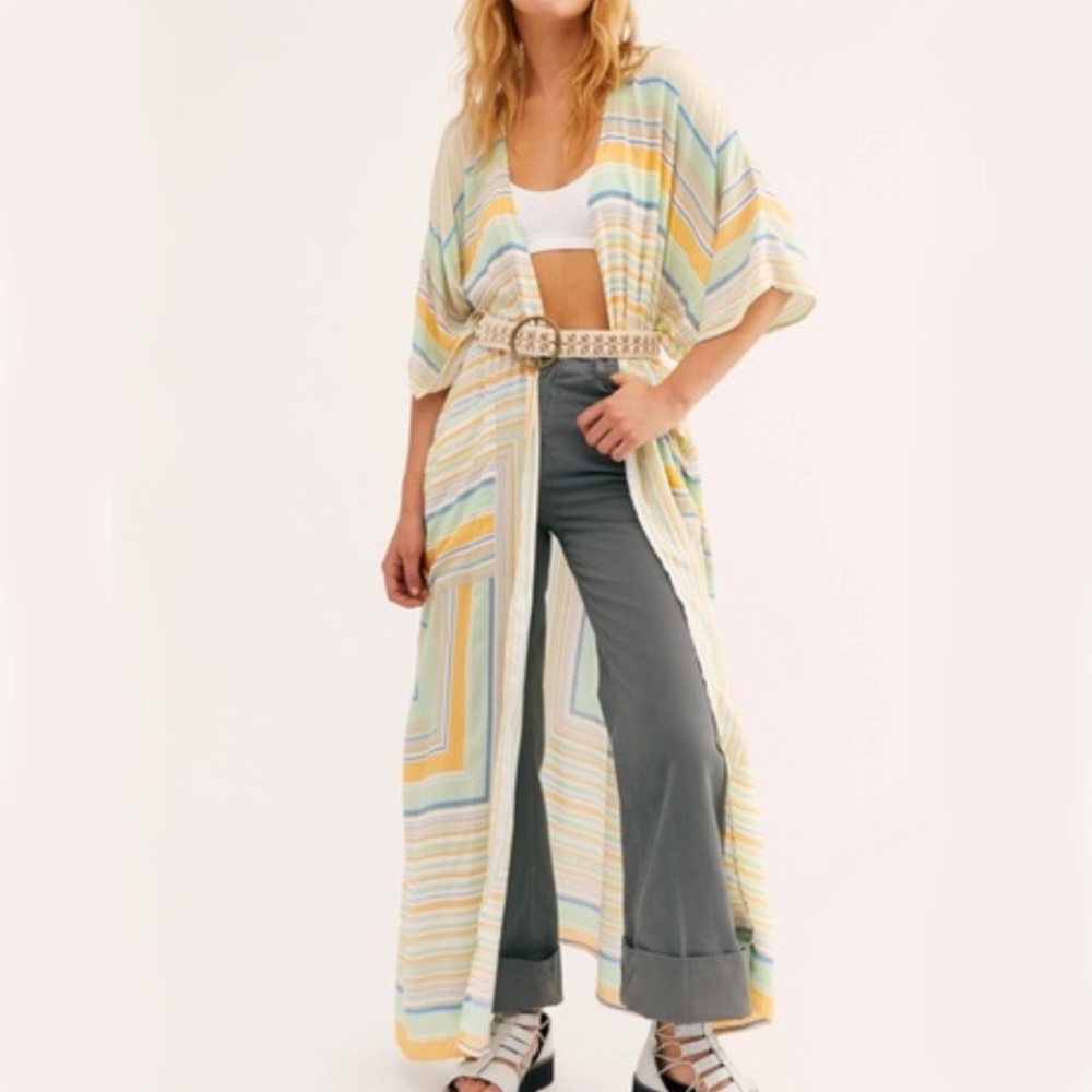 FREE PEOPLE - Labyrinth Yellow Blue Green Stripe Maxi Kimono Duster Cover-up